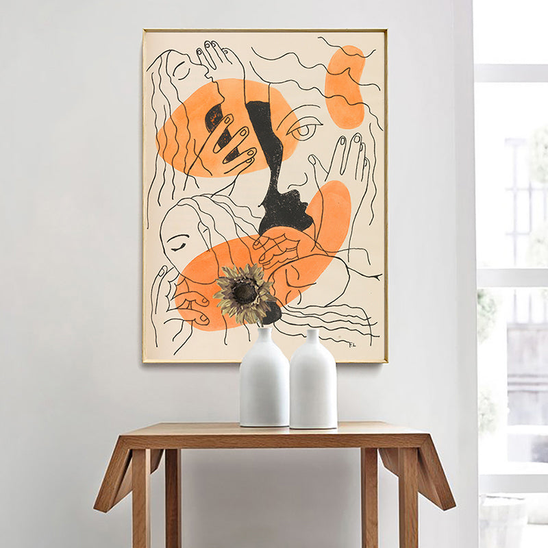 Vivolux | Orange Linienzeichnung Figuren Kunstdruck Gesichter und Hände Funky texturierte Leinwand für Zimmer