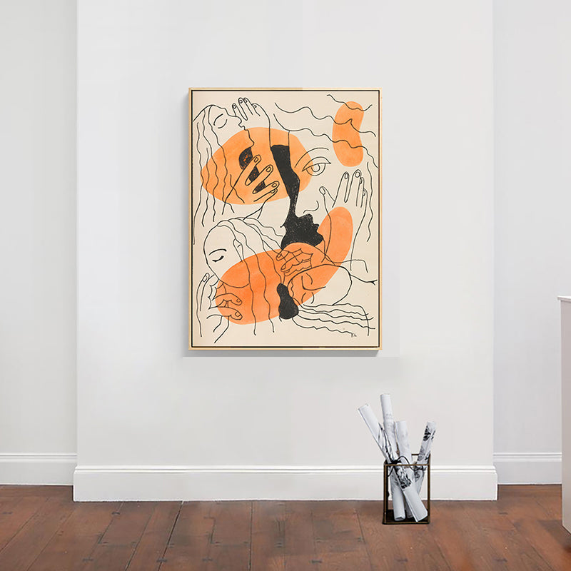 Vivolux | Orange Linienzeichnung Figuren Kunstdruck Gesichter und Hände Funky texturierte Leinwand für Zimmer