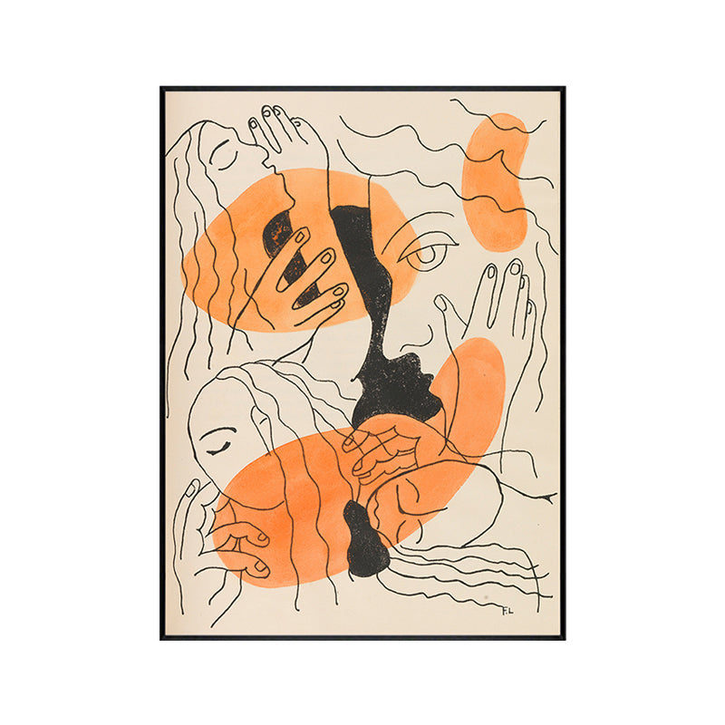 Vivolux | Orange Linienzeichnung Figuren Kunstdruck Gesichter und Hände Funky texturierte Leinwand für Zimmer