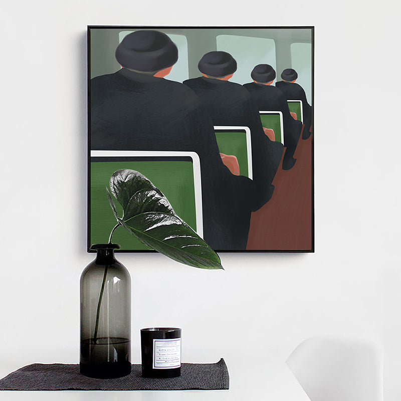Vivolux | Schwarze Funky-Leinwanddruck-Illustration Herren im Zug Wandkunst für Zuhause
