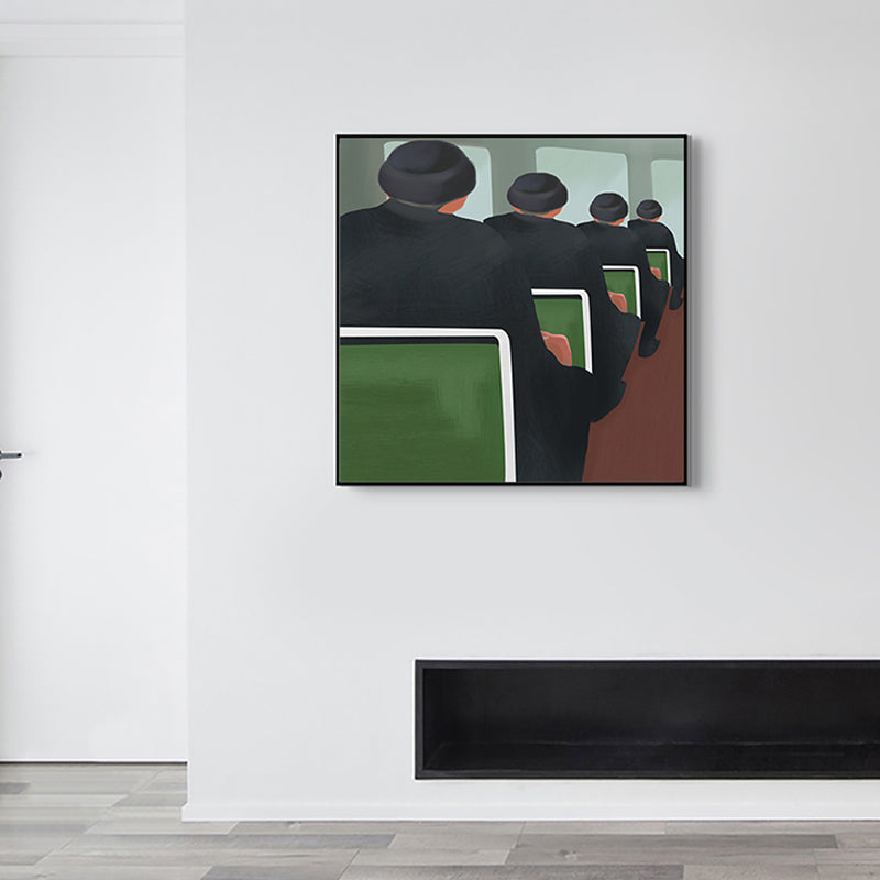 Vivolux | Schwarze Funky-Leinwanddruck-Illustration Herren im Zug Wandkunst für Zuhause