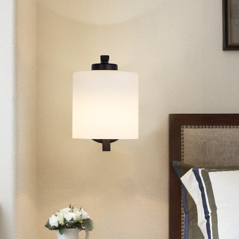 Vivolux | Schwarze 1-Licht-Wandleuchte Einfache Elfenbein Glas Zylinder Wandmontierte Lampe mit Geschwungenem Arm