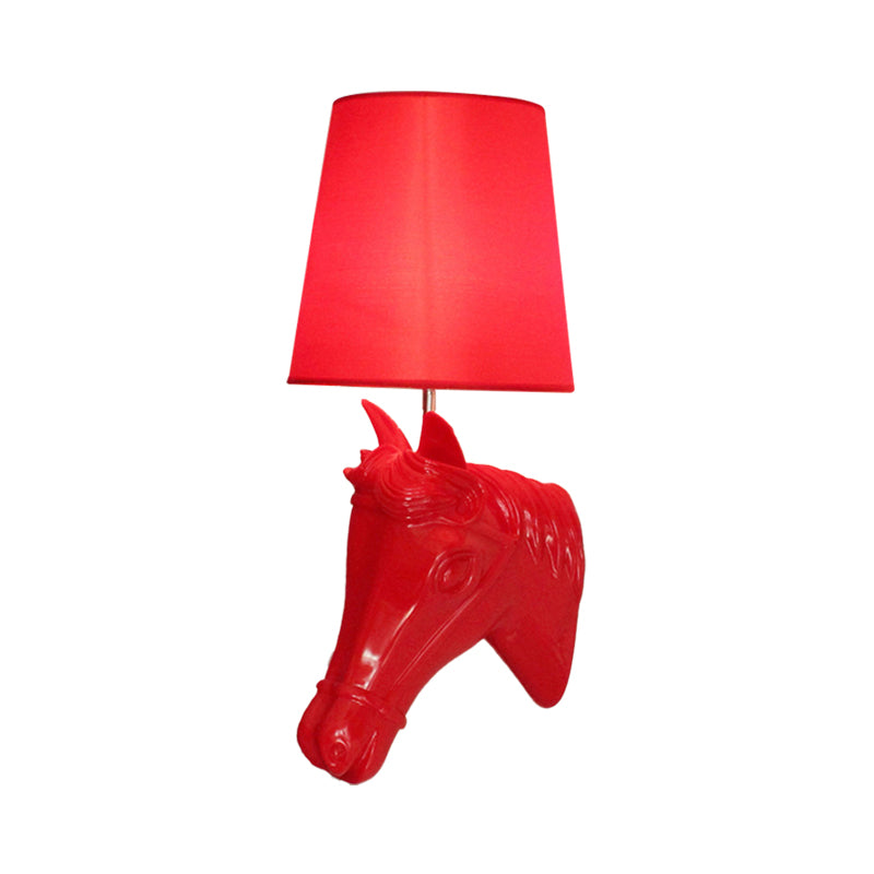 Vivolux | Resin Pferdekopf Wandlampe Künstlerisch 1-Glühbirne Schwarz/Weiß/Rot Wandlicht mit konischer Stoffschirm für Wohnzimmer