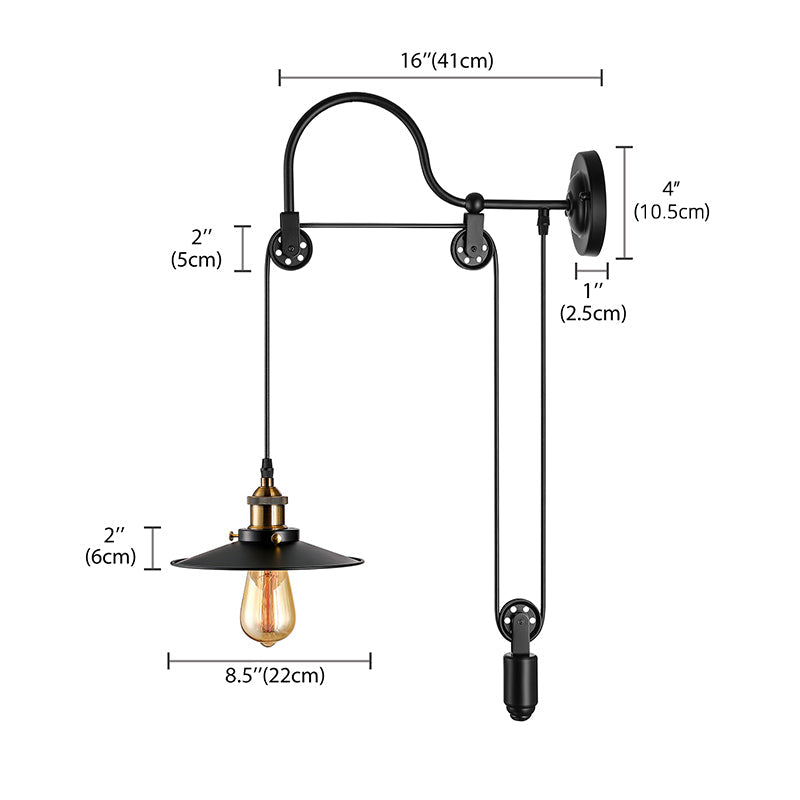 Vivolux | 1 Bulb Flat Wandlamp Industrieel Stijl Zwart Metallic Verstelbare Wandverlichting Fixture met Pulley Ontwerp