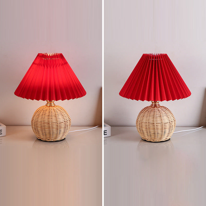 Vivolux | RattaLume Nordic LED Tischlampe | Geflochtenes Rattan & Faltstoffschirm | Stimmungslicht | Deko fürs Schlafzimmer