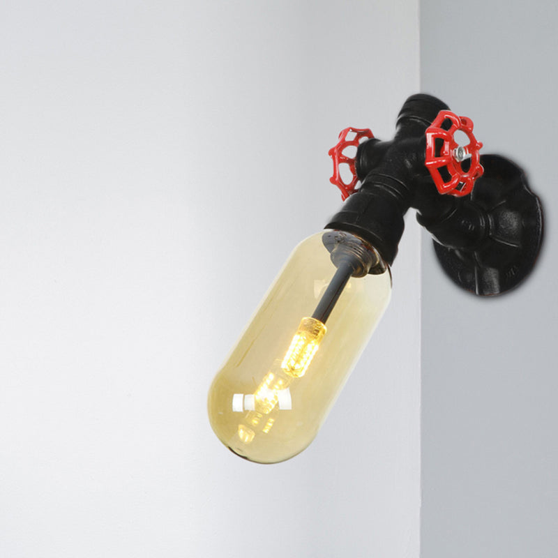 Vivolux | 1 Glühbirne Kapsel Wandleuchte Schwarz Industrielles Metall und Bernstein Glas Wandmontierte Lampe für Innen mit Rohr