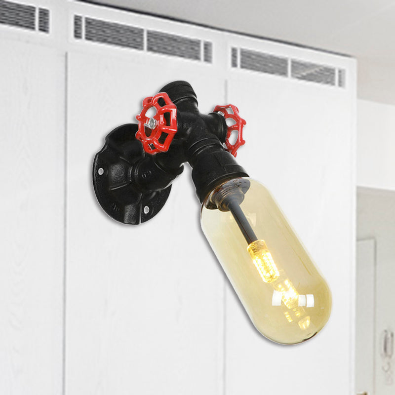 Vivolux | 1 Glühbirne Kapsel Wandleuchte Schwarz Industrielles Metall und Bernstein Glas Wandmontierte Lampe für Innen mit Rohr