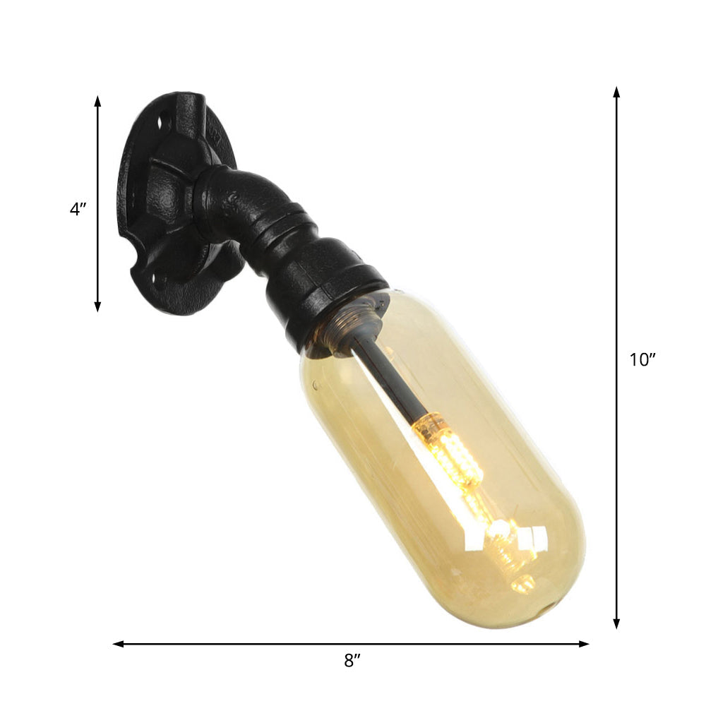 Vivolux | 1 Glühbirne Kapsel Wandleuchte Schwarz Industrielles Metall und Bernstein Glas Wandmontierte Lampe für Innen mit Rohr