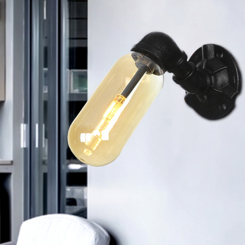 Vivolux | 1 Glühbirne Kapsel Wandleuchte Schwarz Industrielles Metall und Bernstein Glas Wandmontierte Lampe für Innen mit Rohr