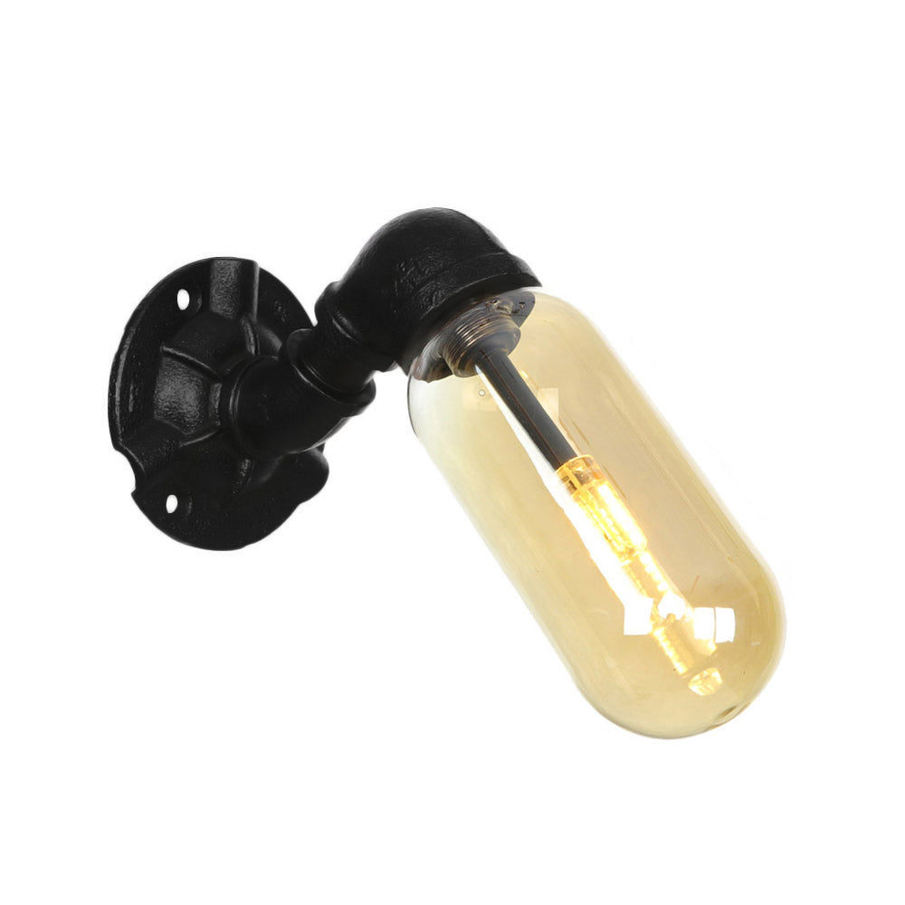 Vivolux | 1 Glühbirne Kapsel Wandleuchte Schwarz Industrielles Metall und Bernstein Glas Wandmontierte Lampe für Innen mit Rohr
