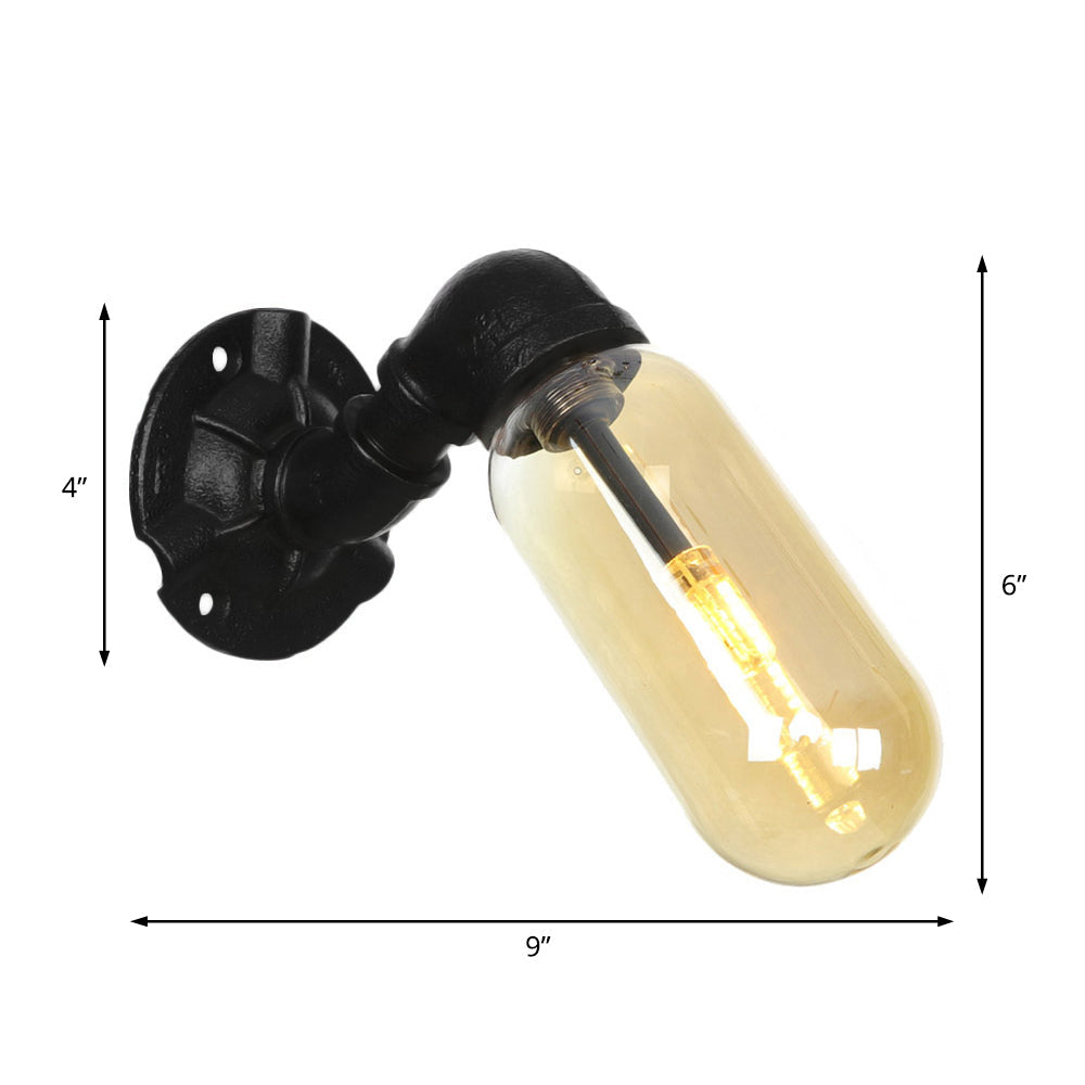 Vivolux | 1 Glühbirne Kapsel Wandleuchte Schwarz Industrielles Metall und Bernstein Glas Wandmontierte Lampe für Innen mit Rohr