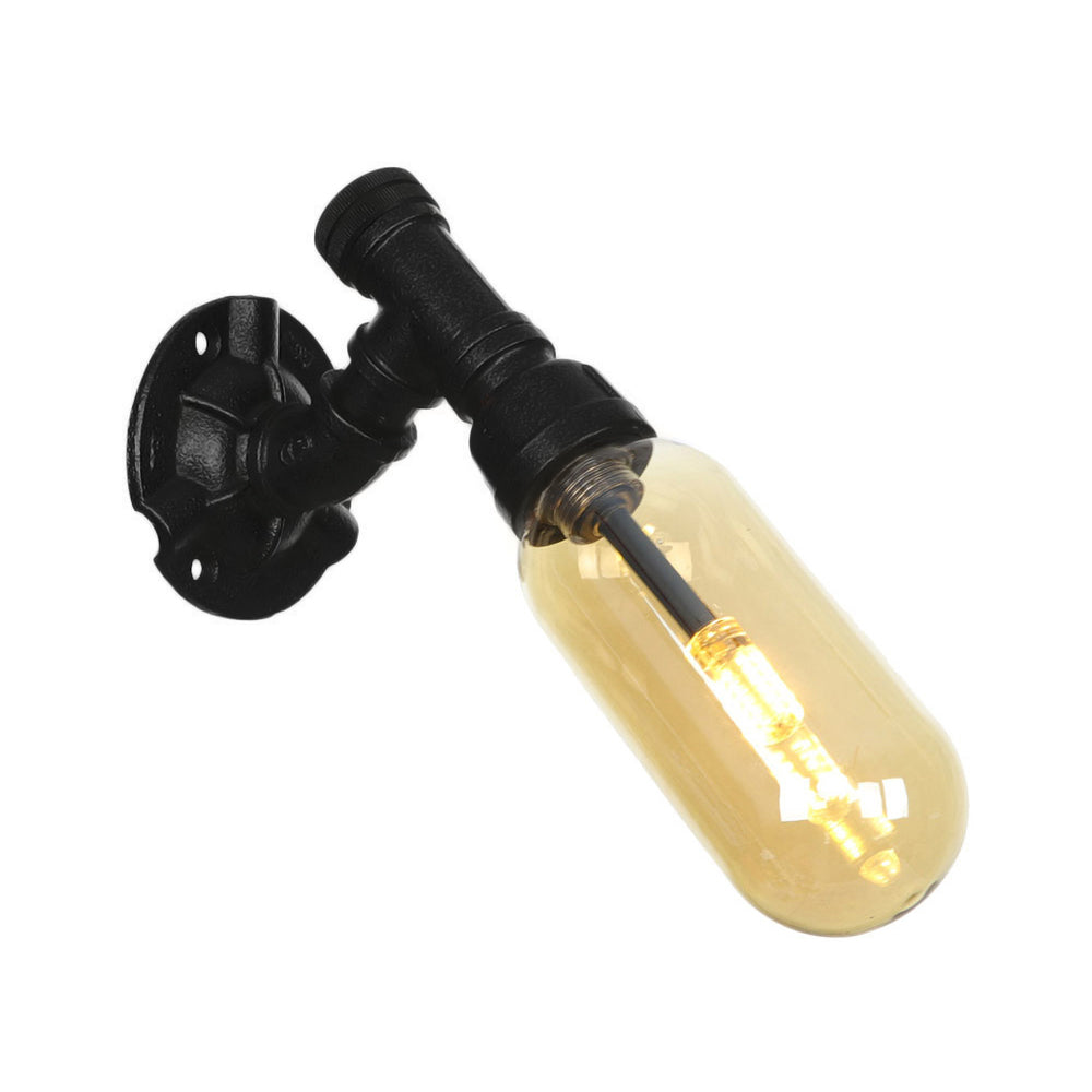 Vivolux | 1 Glühbirne Kapsel Wandleuchte Schwarz Industrielles Metall und Bernstein Glas Wandmontierte Lampe für Innen mit Rohr