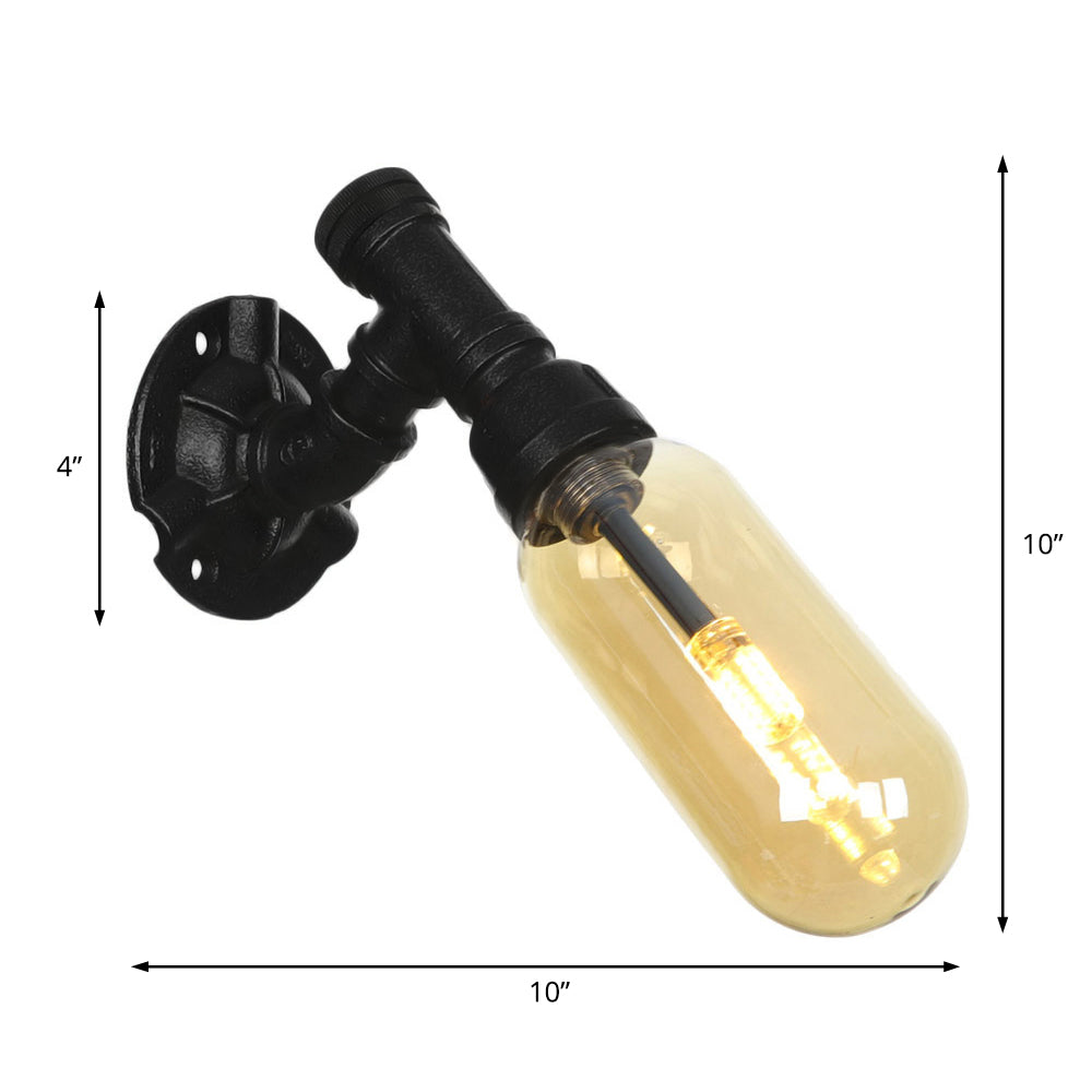Vivolux | 1 Glühbirne Kapsel Wandleuchte Schwarz Industrielles Metall und Bernstein Glas Wandmontierte Lampe für Innen mit Rohr