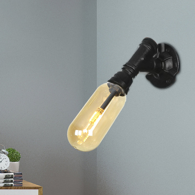 Vivolux | 1 Glühbirne Kapsel Wandleuchte Schwarz Industrielles Metall und Bernstein Glas Wandmontierte Lampe für Innen mit Rohr