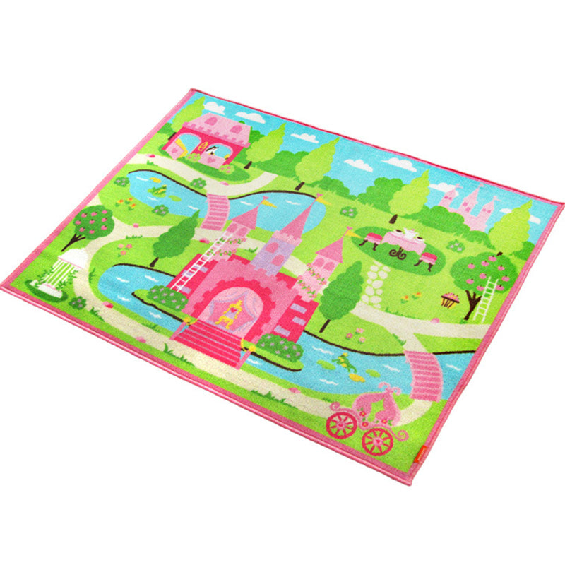 Vivolux | Süßes Schloss Landschaft Druck Teppich Rosa Cartoon Bereich Teppich Synthetik Fleckenresistent Rutschfeste Rückseite Waschbarer Teppich für Kinderzimmer