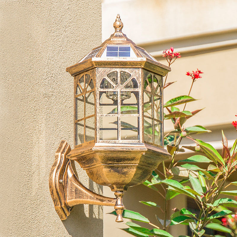 Vivolux | Metallische Hausförmige LED Wandleuchte Traditionelle Außen Solar Wandleuchten mit Klarglas-Schirm