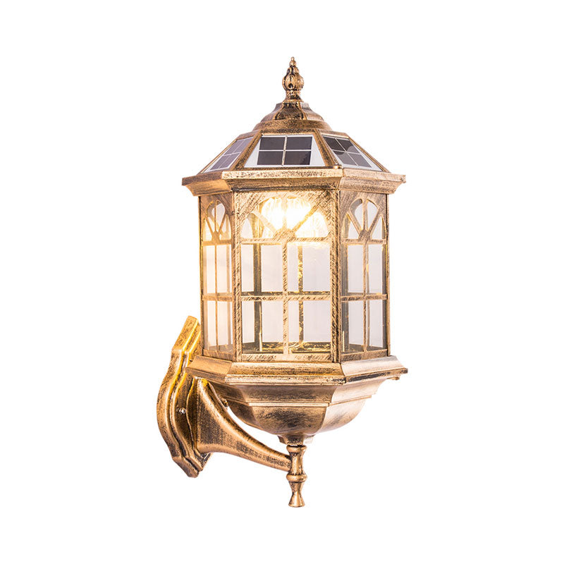 Vivolux | Metallische Hausförmige LED Wandleuchte Traditionelle Außen Solar Wandleuchten mit Klarglas-Schirm