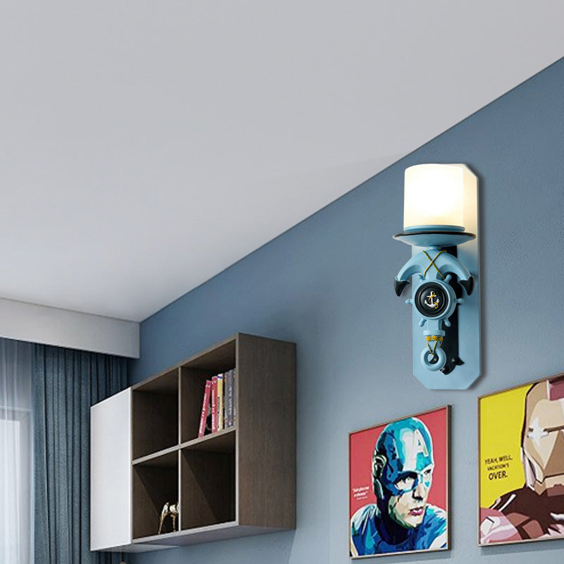 Vivolux | 1 Hoofde Indoor Wandlamp Nautische Stijl Blauw/Wit Wandverlichting met Cilinder Opal Glasschaduw en Ankerontwerp