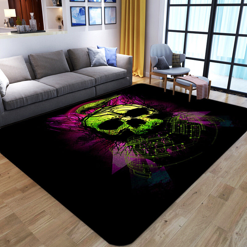 Vivolux | Punk Abstract Skull Print Teppich Schwarz Neuheit Teppich Synthetik Fleckenbeständig Maschinenwaschbar Rutschfeste Rückseite Teppich für Wohnzimmer