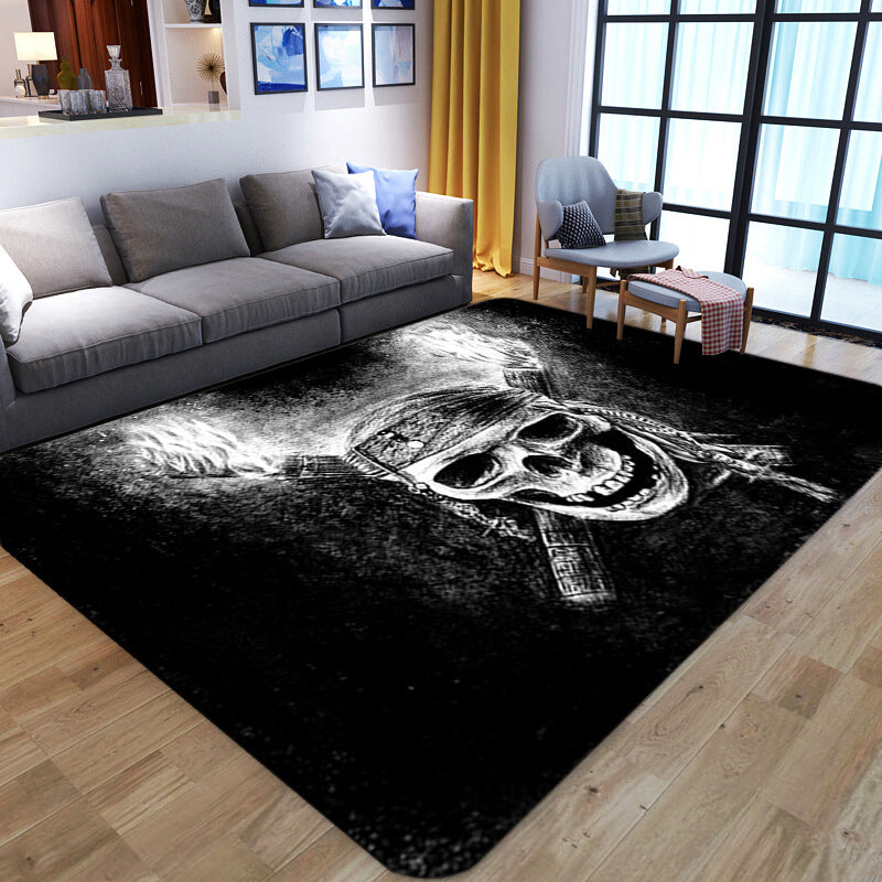Vivolux | Punk Abstract Skull Print Teppich Schwarz Neuheit Teppich Synthetik Fleckenbeständig Maschinenwaschbar Rutschfeste Rückseite Teppich für Wohnzimmer