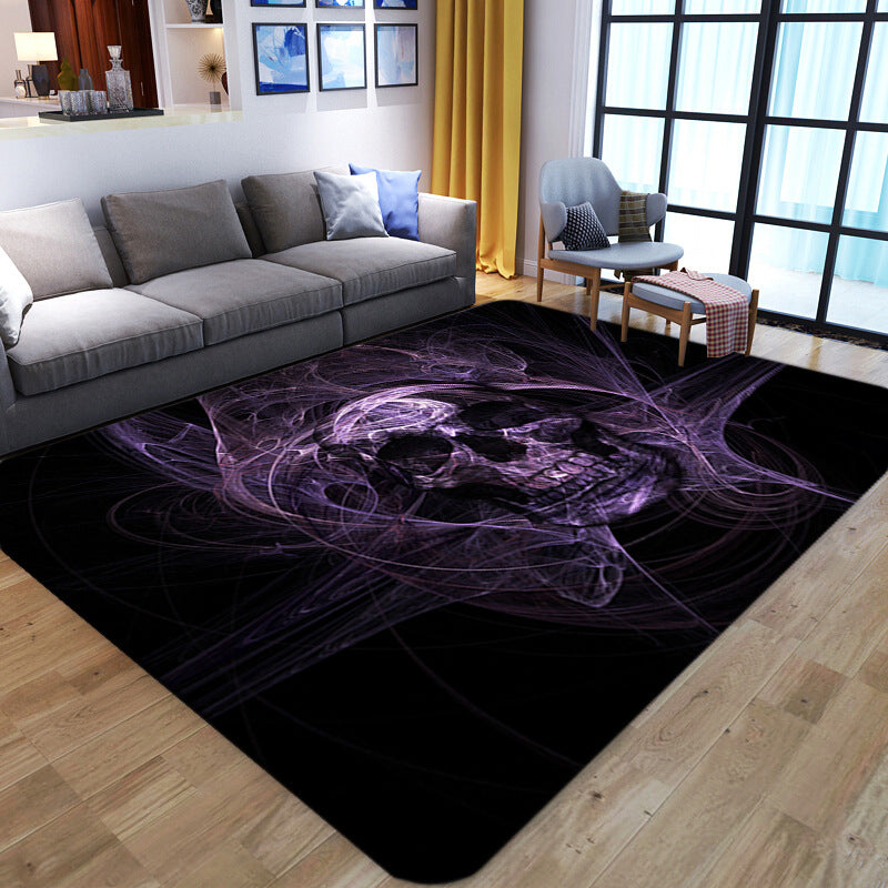Vivolux | Punk Abstract Skull Print Teppich Schwarz Neuheit Teppich Synthetik Fleckenbeständig Maschinenwaschbar Rutschfeste Rückseite Teppich für Wohnzimmer