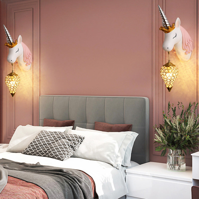 Vivolux | Resin Eenhoorn Wandlamp Cartoon Enkel-Lamp Wandverlichting Fixture met Kristallen Kap