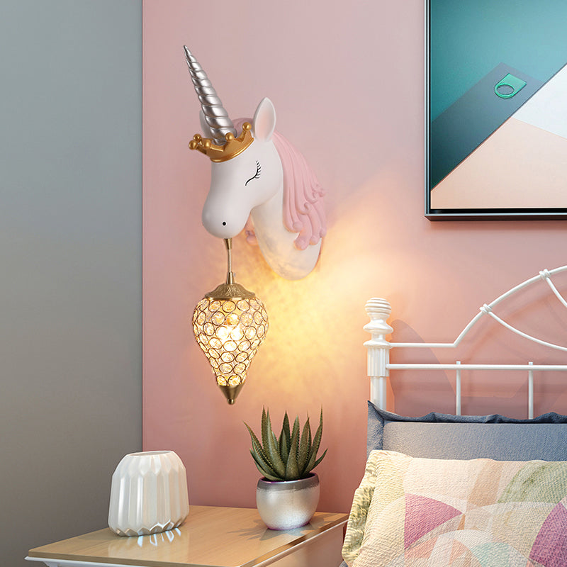 Vivolux | Resin Eenhoorn Wandlamp Cartoon Enkel-Lamp Wandverlichting Fixture met Kristallen Kap