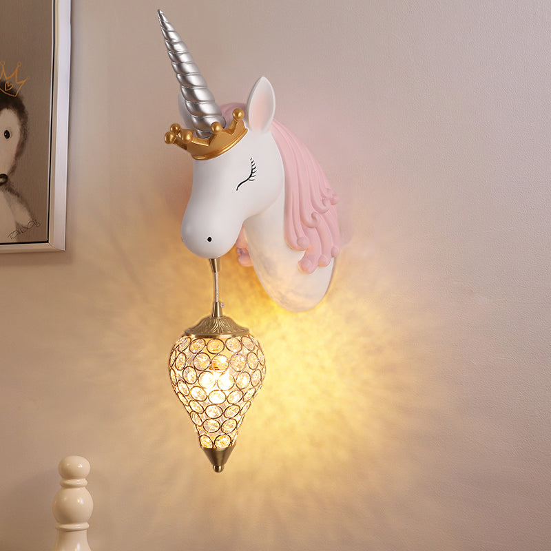 Vivolux | Resin Eenhoorn Wandlamp Cartoon Enkel-Lamp Wandverlichting Fixture met Kristallen Kap