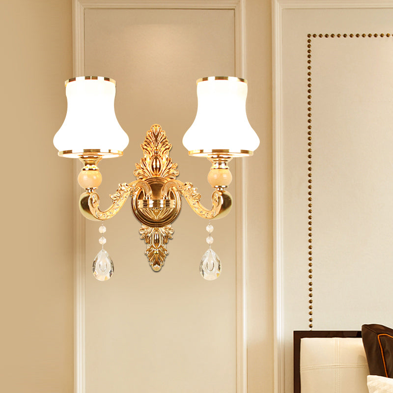 Vivolux | Opal Glas Gold Wandlamp Bloemenschaduw Antieke Wandverlichting Fixture met Kristal Accent