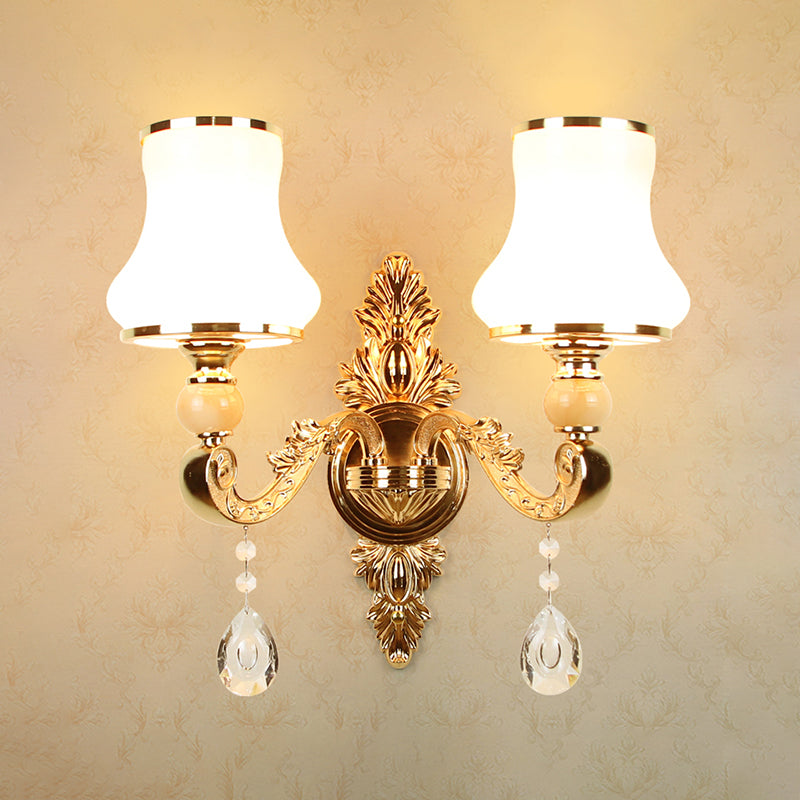 Vivolux | Opal Glas Gold Wandlamp Bloemenschaduw Antieke Wandverlichting Fixture met Kristal Accent