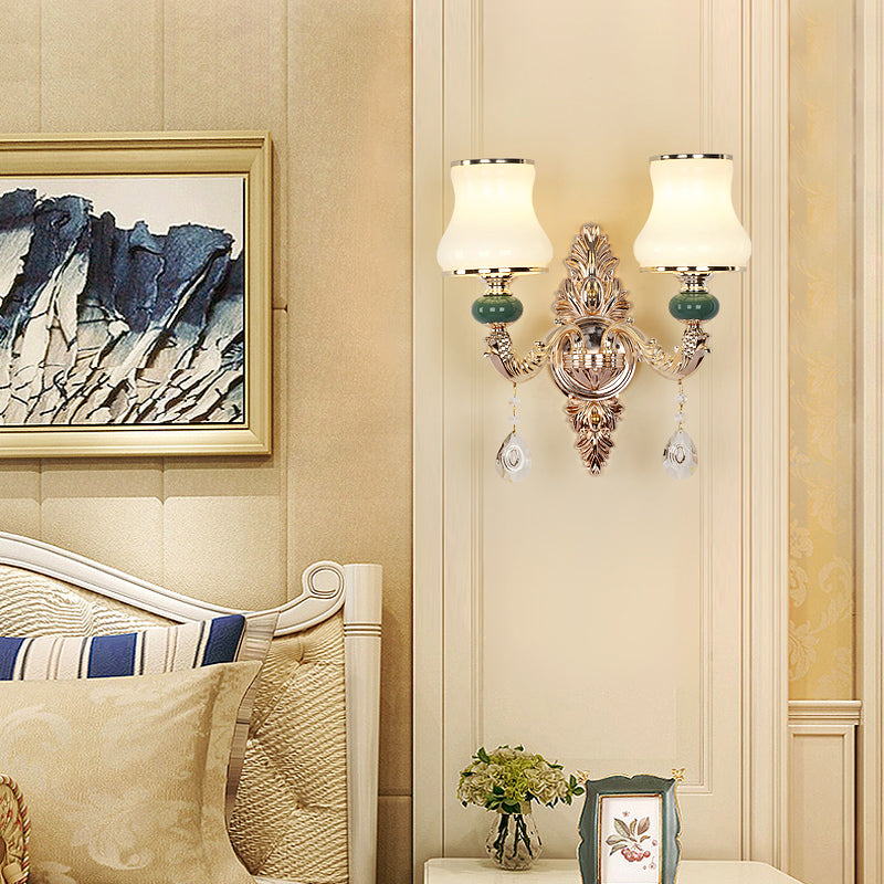 Vivolux | Traditionelle Spitzwandmontage-Leuchte Texturiertes Glas Wandlicht mit hängendem Kristall in Gold