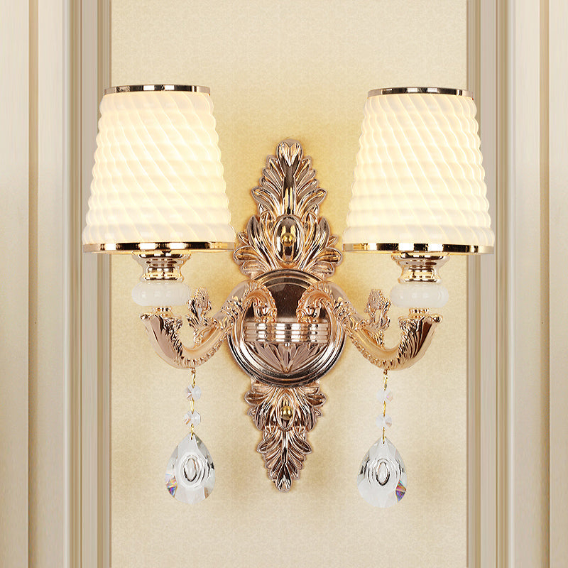 Vivolux | Tapered Textured Glass Wandlamp Vintage Gang Wandmontage Lamp met Crystal Draping in Goud