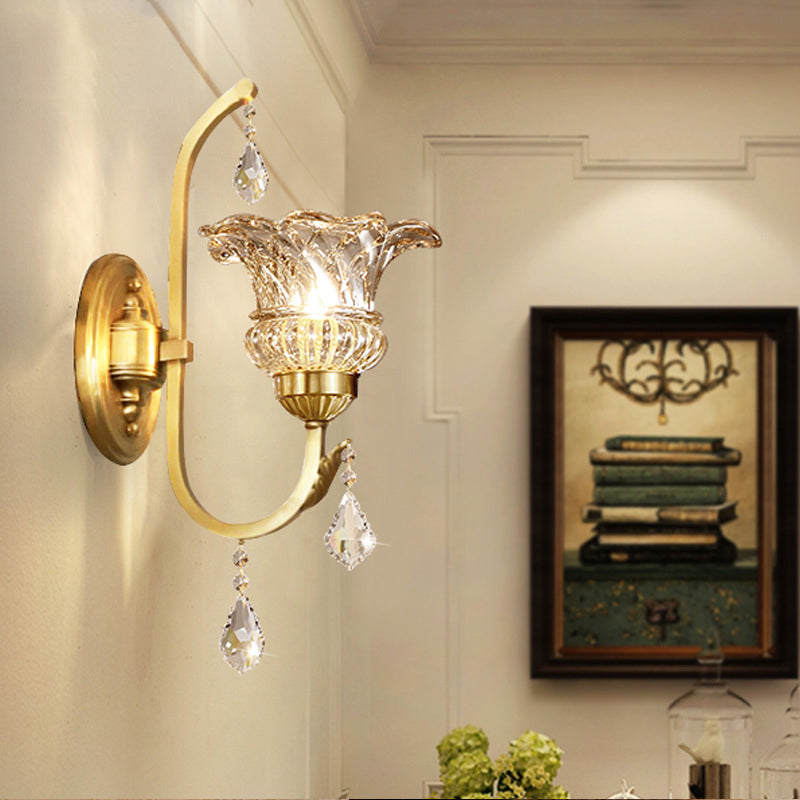 Vivolux | Ruffle Glass Gold Wandlamp Bloem Antieke Wandverlichting Fixture met Kristal Draperen