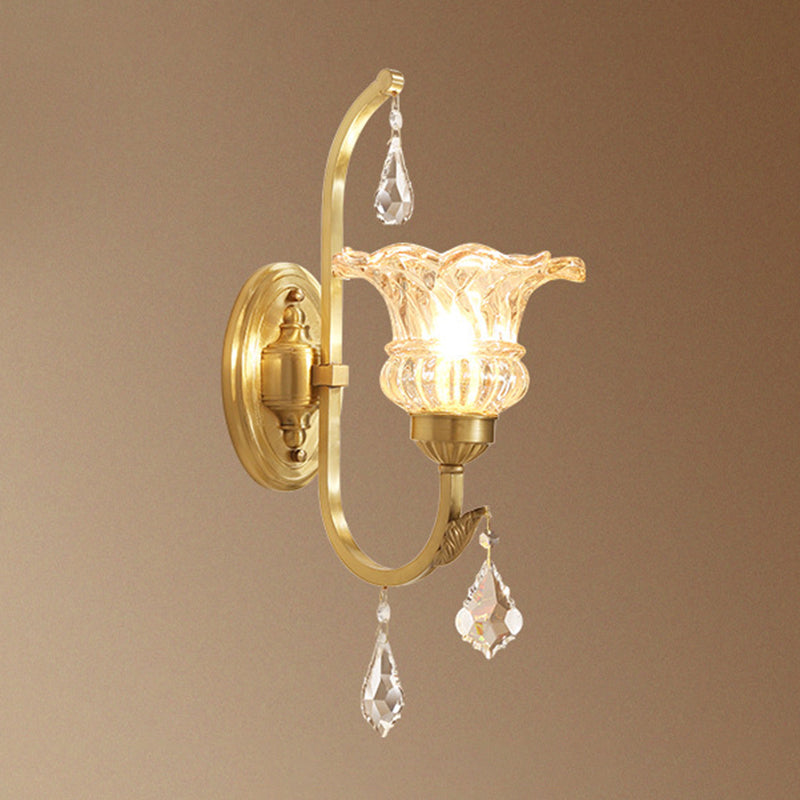 Vivolux | Ruffle Glass Gold Wandlamp Bloem Antieke Wandverlichting Fixture met Kristal Draperen