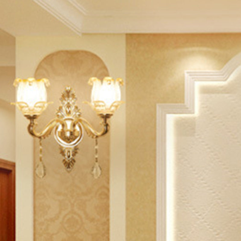 Vivolux | Retro Stil Blume Wandlampe Glas Wandlicht mit Kristalltropfen in Gold