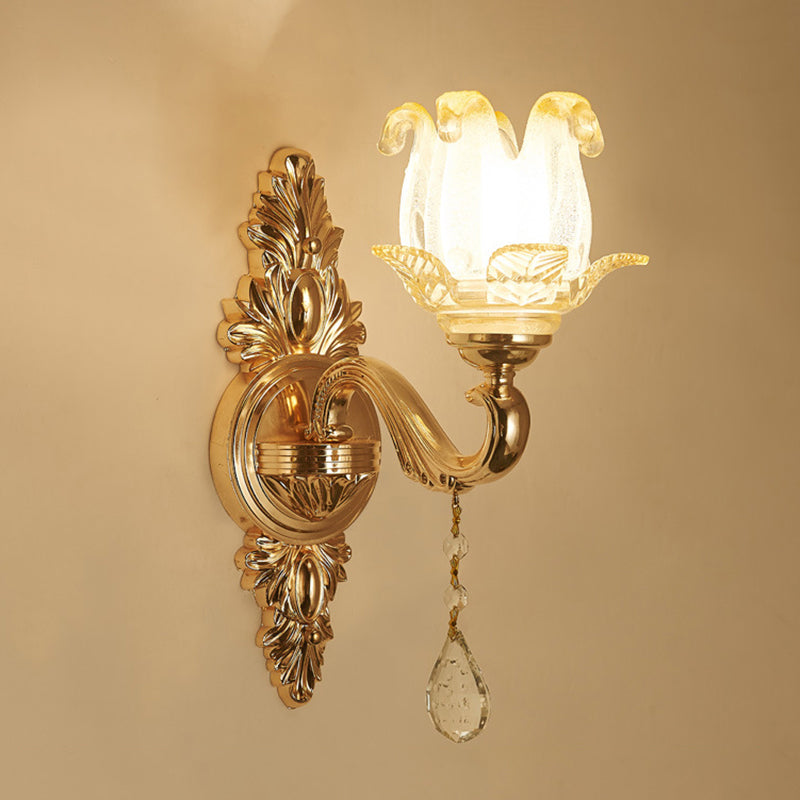 Vivolux | Retro Stil Blume Wandlampe Glas Wandlicht mit Kristalltropfen in Gold