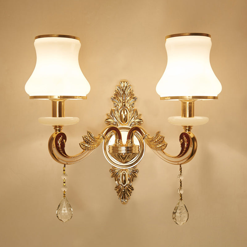 Vivolux | Retro Stil Blume Wandlampe Glas Wandlicht mit Kristalltropfen in Gold
