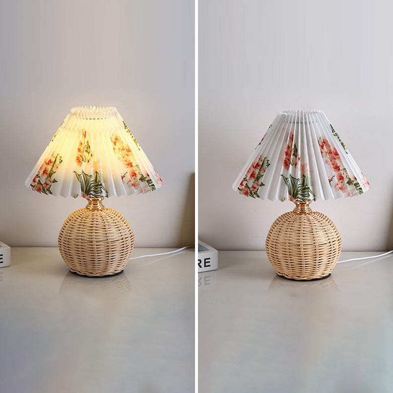 Vivolux | RattaLume Nordic LED Tischlampe | Geflochtenes Rattan & Faltstoffschirm | Stimmungslicht | Deko fürs Schlafzimmer