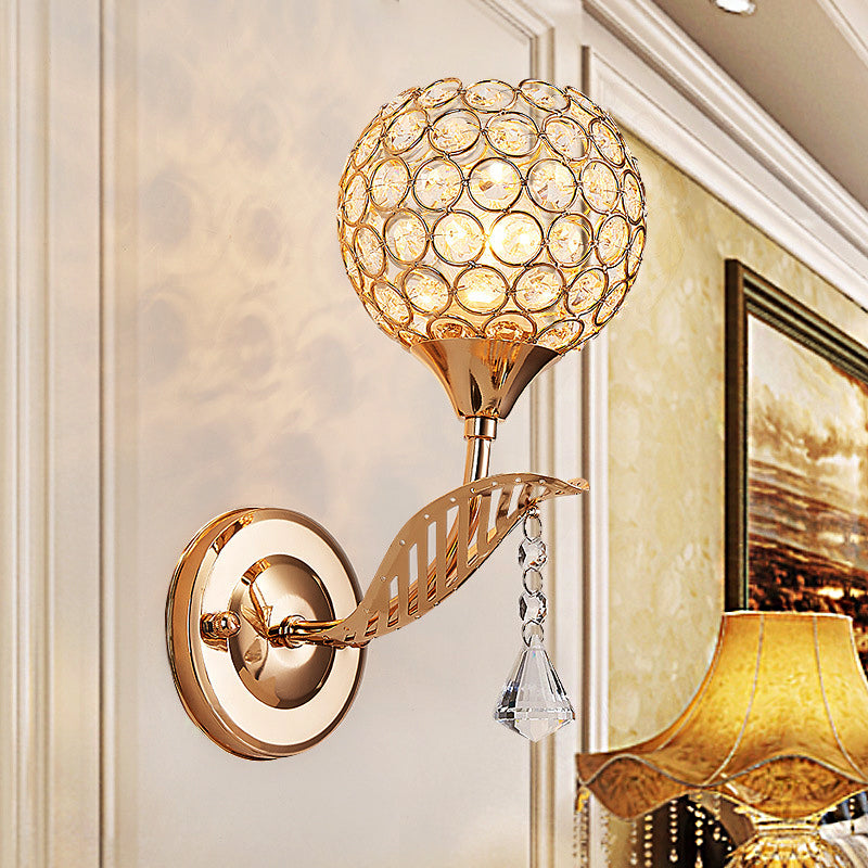 Vivolux | 1 Glühbirne Korridor Wandmontagebeleuchtung Vintage-Stil Gold Wandlampe mit globalem klarem Kristallschirm