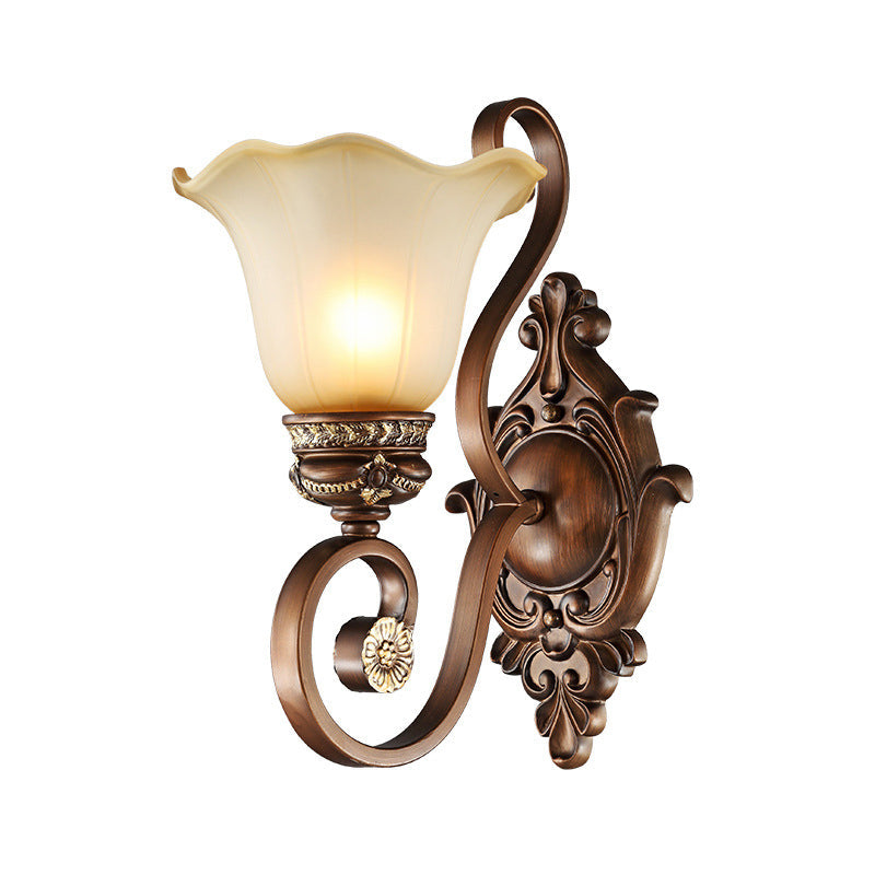 Vivolux | Retro Floral Wandleuchte 1 Licht Frosted Glas Wandarmatur mit Metall gebogenem Arm in Braun für Veranda