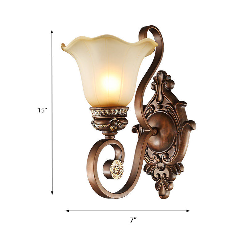 Vivolux | Retro Floral Wandleuchte 1 Licht Frosted Glas Wandarmatur mit Metall gebogenem Arm in Braun für Veranda