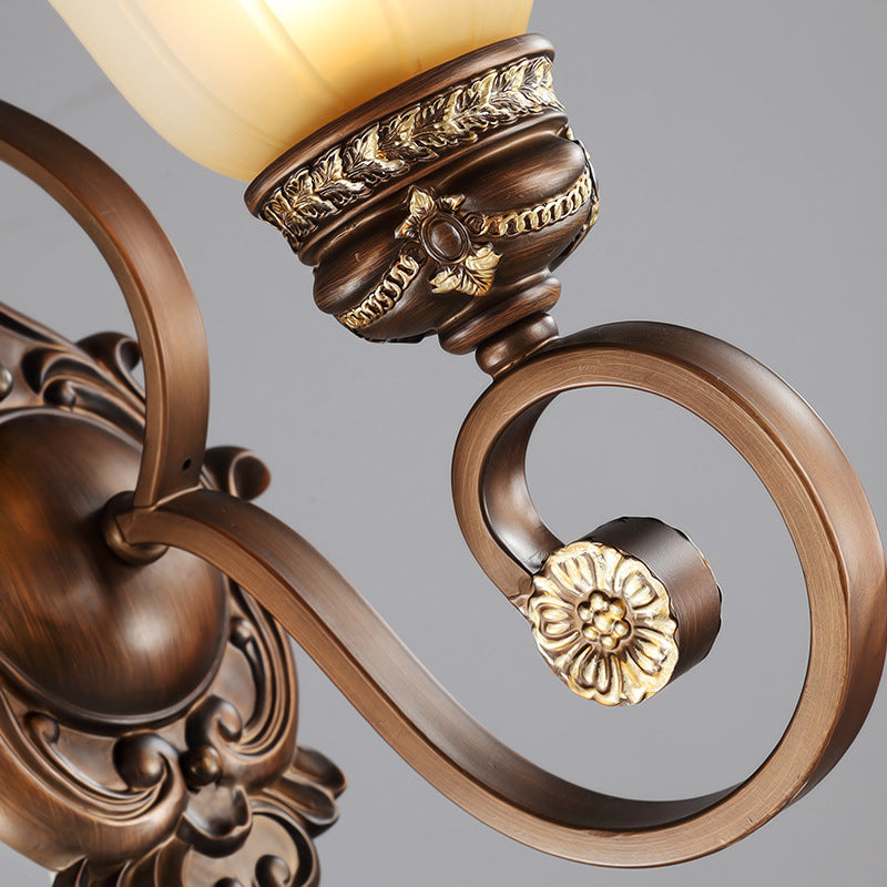Vivolux | Retro Floral Wandleuchte 1 Licht Frosted Glas Wandarmatur mit Metall gebogenem Arm in Braun für Veranda