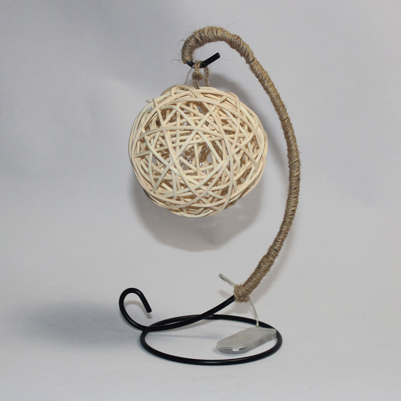Vivolux | Rattan Ball Batterij Aangedreven Nachtlamp Kids Witte LED Tafelverlichting met Gebogen Arm