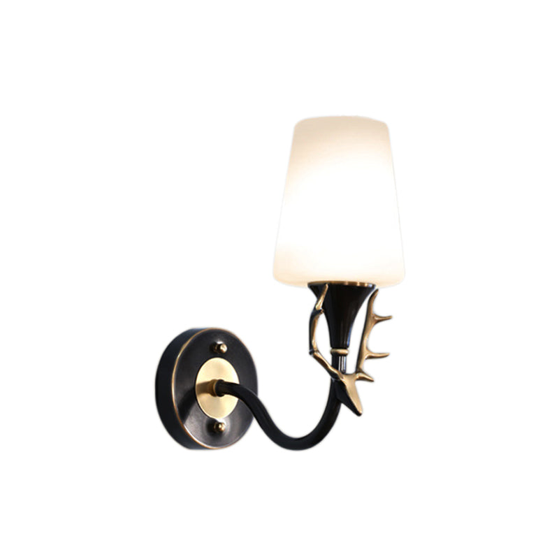 Vivolux | Schwarz/Gold 1/2 Licht Wandleuchte Rustikales Metall Gebogene Arm Wandbeleuchtung für Schlafzimmer mit Konischer Mattglas-Schirm