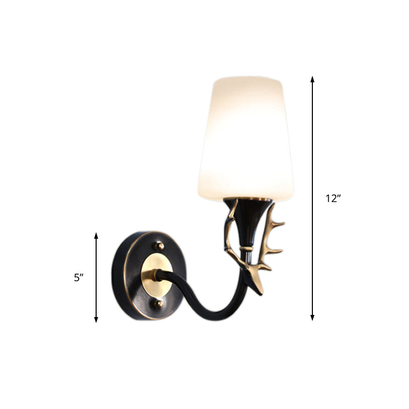 Vivolux | Schwarz/Gold 1/2 Licht Wandleuchte Rustikales Metall Gebogene Arm Wandbeleuchtung für Schlafzimmer mit Konischer Mattglas-Schirm