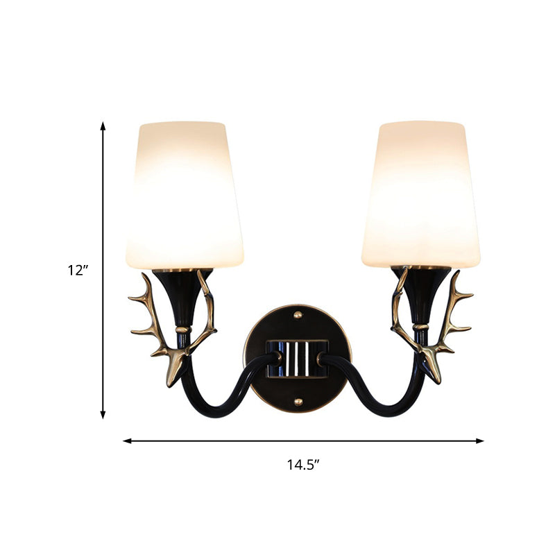 Vivolux | Schwarz/Gold 1/2 Licht Wandleuchte Rustikales Metall Gebogene Arm Wandbeleuchtung für Schlafzimmer mit Konischer Mattglas-Schirm