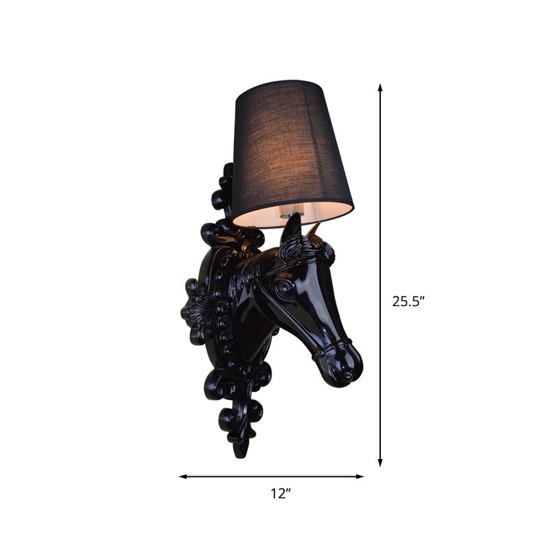 Vivolux | 1 Glühbirne Pferde-Wandleuchte Klassisch Schwarz/Weiß Harz Wandmontierte Lampe mit Kegelstoffschirm