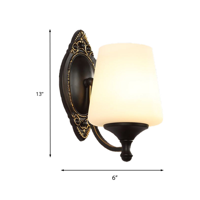 Vivolux | Retro Conical Wandleuchte 1/2-Licht Weißes Glas Wandmontierte Leuchte mit Metallgebogenem Arm in Schwarz