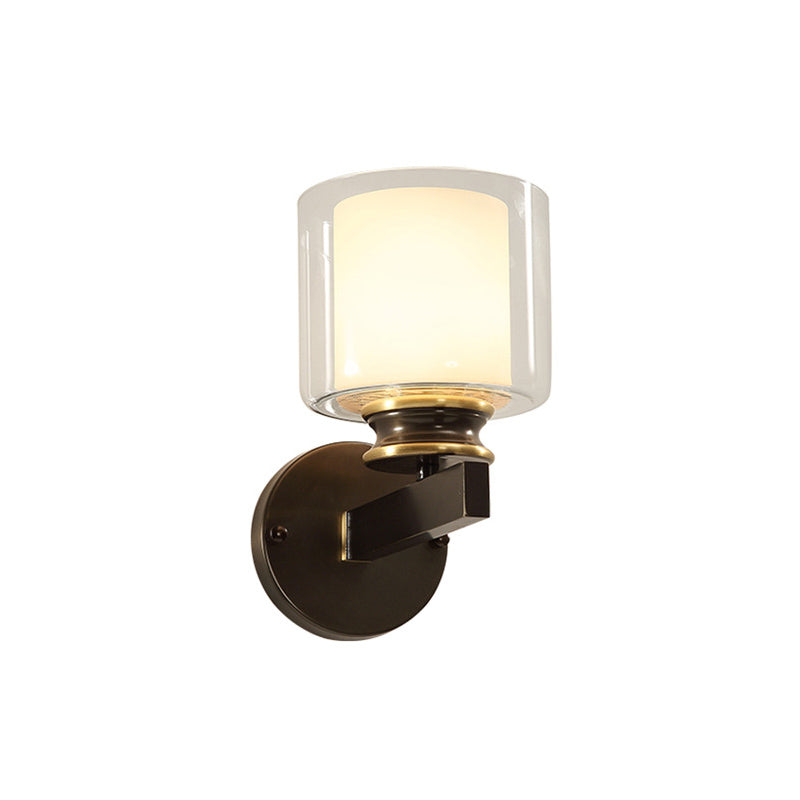 Vivolux | Schwarz 1-Licht Wandmontierte Leuchte Traditionelle Metallzylinder Wandleuchte mit Doppel-Tier Glas Shade für Schlafzimmer