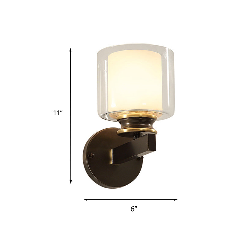 Vivolux | Schwarz 1-Licht Wandmontierte Leuchte Traditionelle Metallzylinder Wandleuchte mit Doppel-Tier Glas Shade für Schlafzimmer
